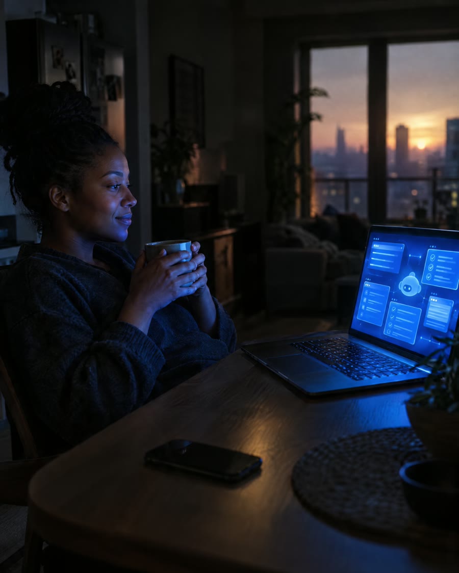 A woman sips her morning coffee while an AI agent works through tasks on her laptop