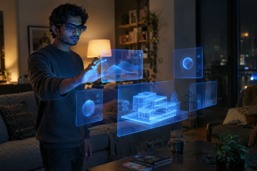 A man in AR glasses moves floating blue interface panels around his living room