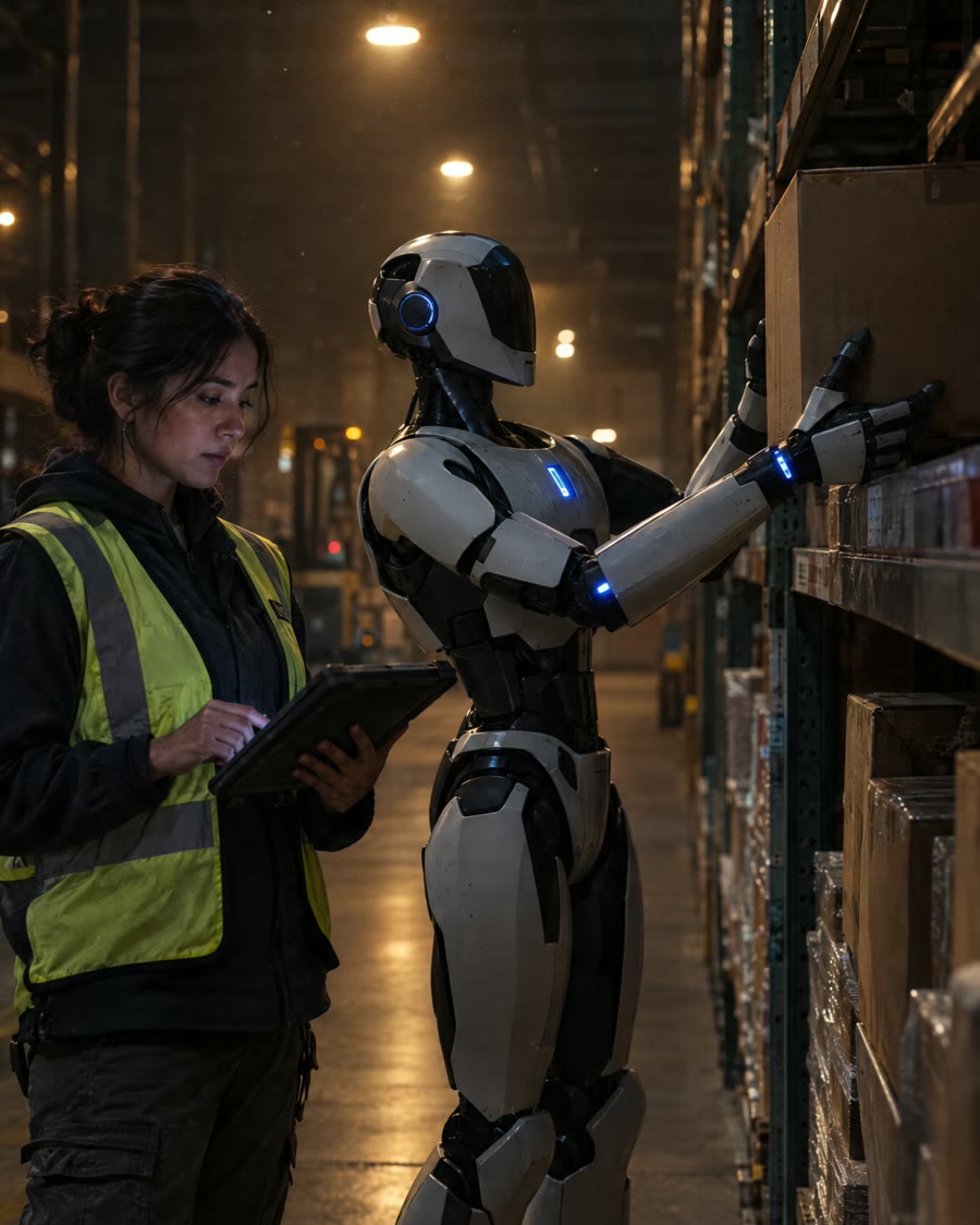 A humanoid robot lifts a box from a warehouse shelf beside a worker with a tablet