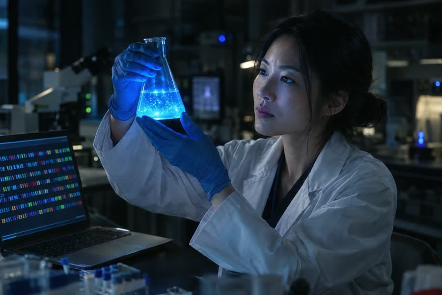 A scientist holds up a flask of glowing blue engineered cells beside DNA code on a laptop