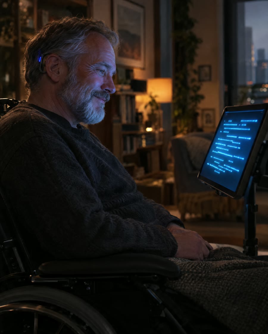 A man in a wheelchair writes on a tablet with his thoughts through a small neural interface