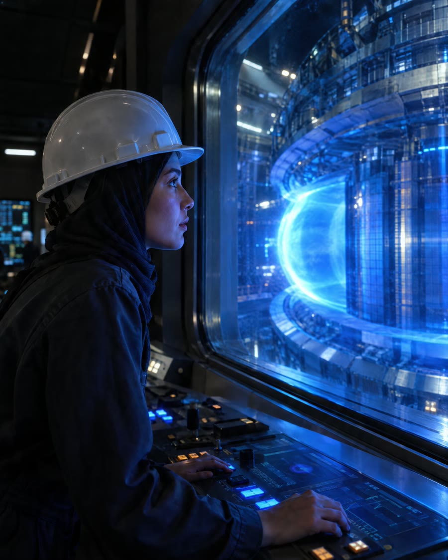 An engineer at a control desk watches blue plasma glowing inside a fusion reactor