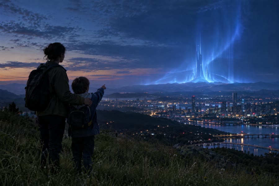 A parent and child on a hillside watch an unknown blue light rising over a city